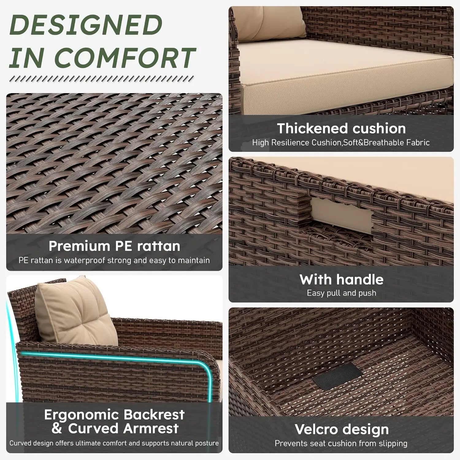 5 Piece PE Outdoor Furniture Set Soft Cushions Coffee Table Hidden Ottoman Porch Lawn Garden Balcony, Customized