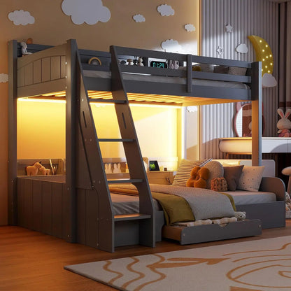 Twin Over Full Bunk Bed with Storage Shelves LED Charging Station &amp; Drawer Solid Wood for Kids Teens Adults White, Customized