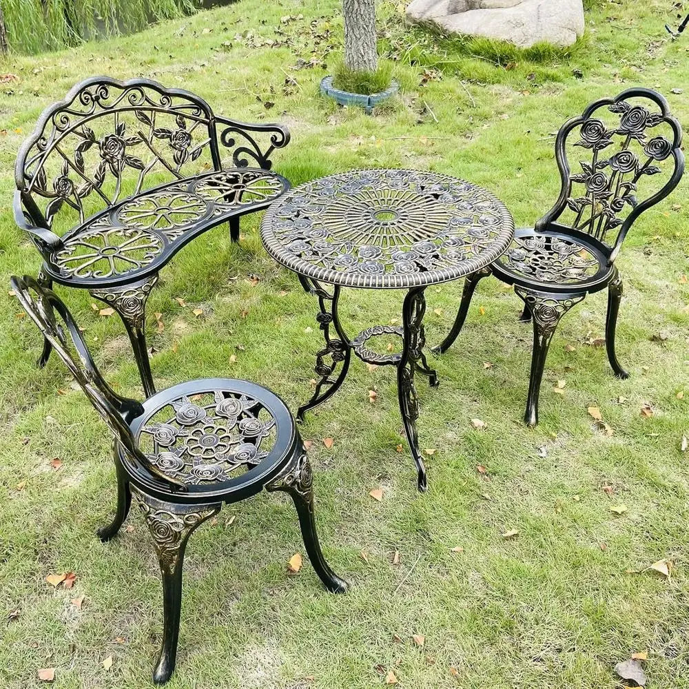 4-Piece Balcony Tables and Chairs, 1 Table, 2 Round Chairs and 1 Bench, Metal Cast, Bistro Suit, Garden Bench, Rose