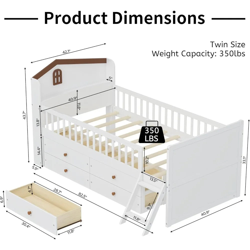Platform Bed With House Headboard Guardrail and Four Storage Drawers