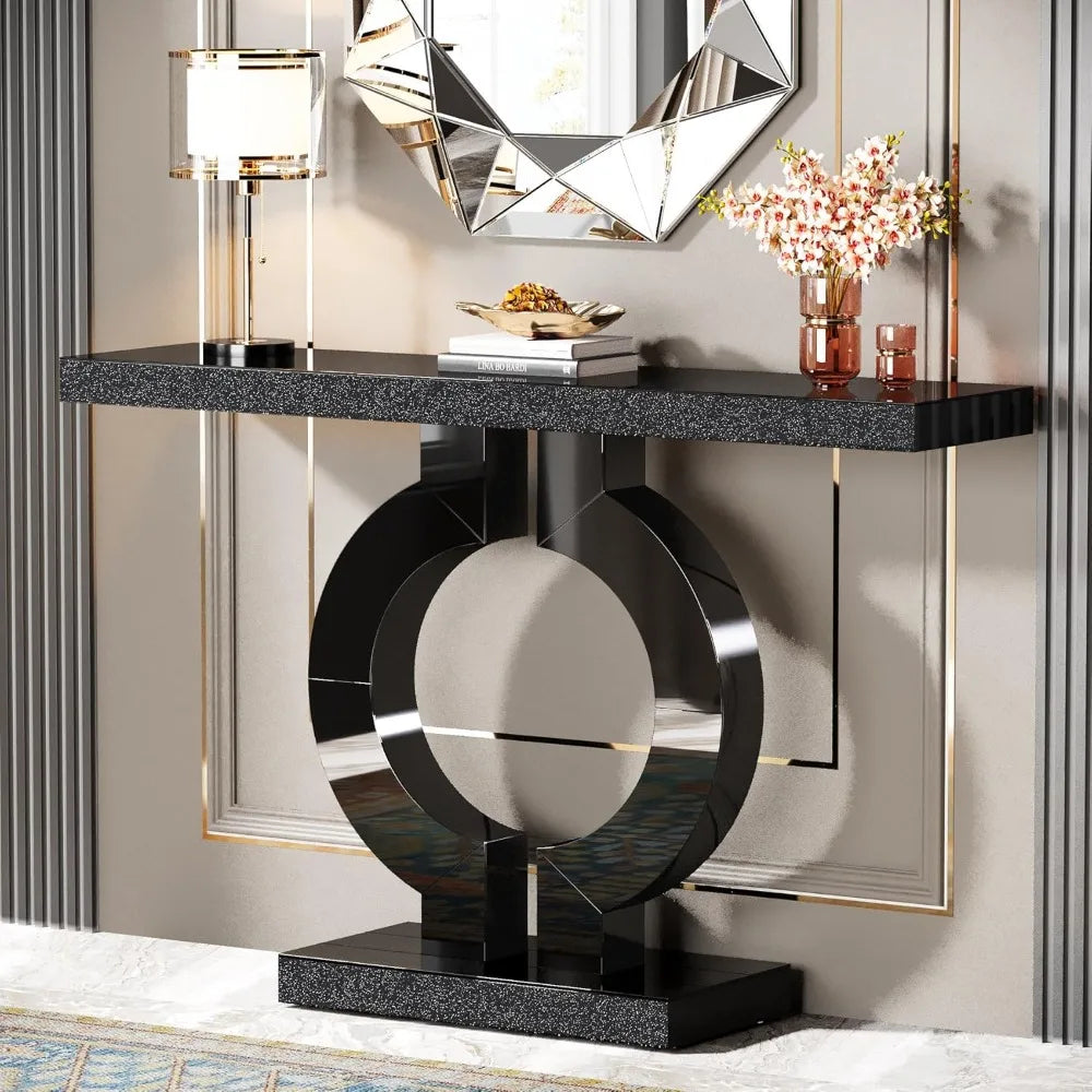 43” Modern Console Table with O-Shaped Base, Entryway Sofa Table with Mirror Finish for Living Room, Hallway, Entrance