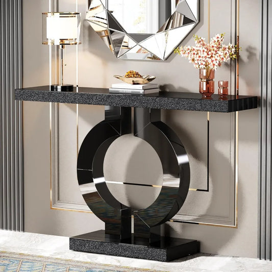 43” Modern Console Table with O-Shaped Base, Entryway Sofa Table with Mirror Finish for Living Room, Hallway, Entrance