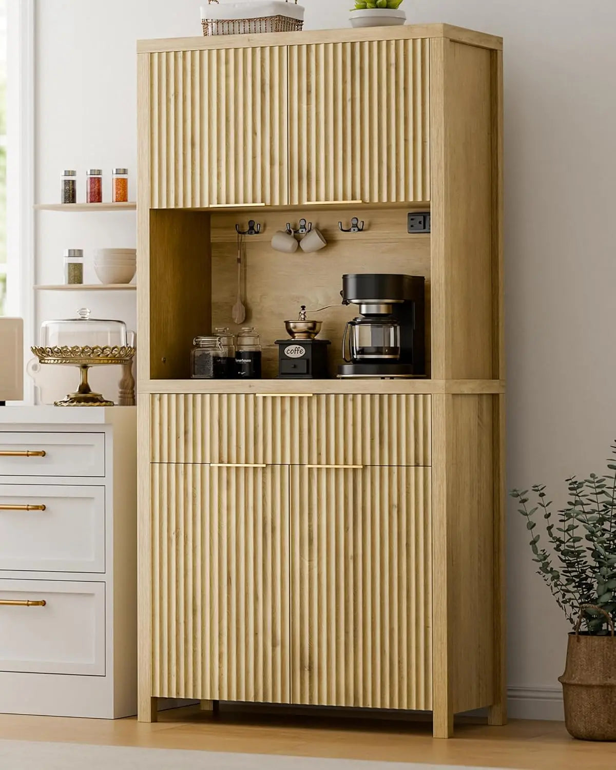 ZHUXIANG Fluted Pantry Cabinet With Charging Station And Adjustable Shelves