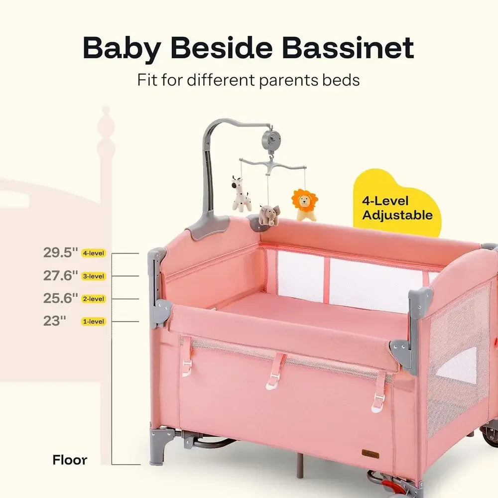 Portable 6-in-1 Baby Playard with Crib, Bassinet, Mattress, and Changing Table (Pink)Time-limited