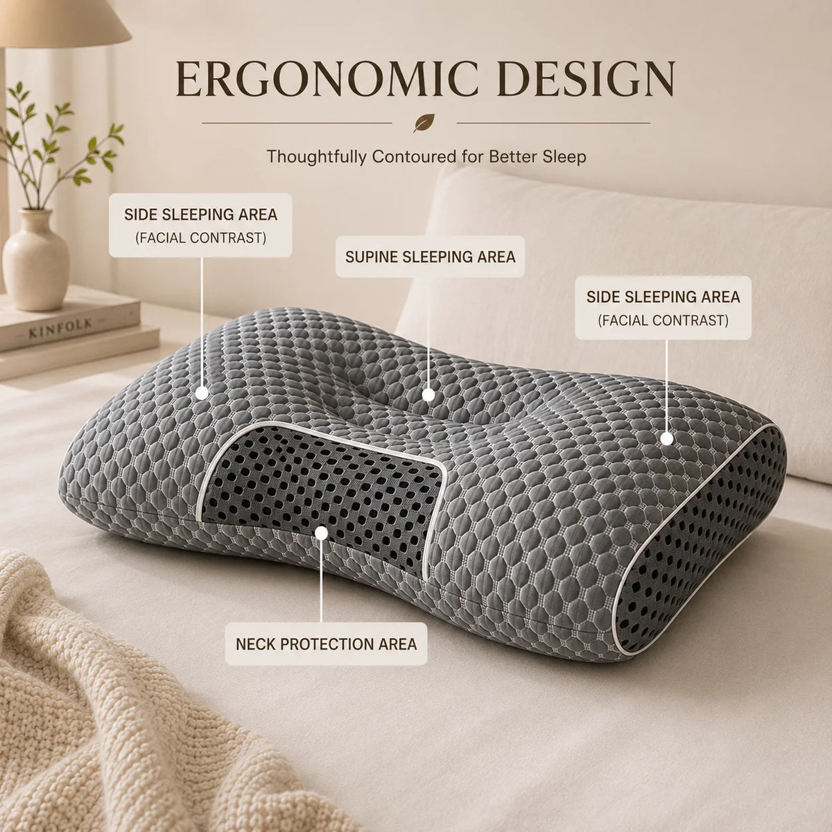 Ultra-Soft Ergonomic Neck Support Pillow, Contour Cervical Pillow for Side, Back &amp; Stomach Sleepers, Breathable Fabric, Easy to Clean, Pressure Relief for Deep Sleep
