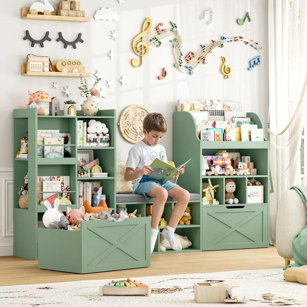 75" Kids Bookshelf with Reading Nook, Toy Storage Organizer with Seat Cushion &amp; Movable Drawers for Playroom