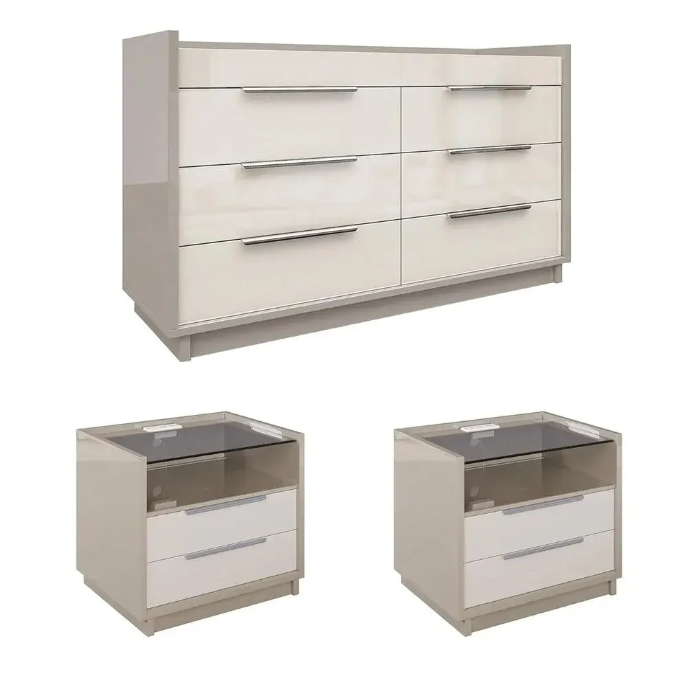 High Gloss 3 Piece Bedroom Furniture Set with 8 Drawer Dresser LED Light &amp; 2 Nightstands Charging Station - Modern Storage
