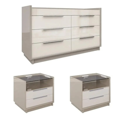 High Gloss 3 Piece Bedroom Furniture Set with 8 Drawer Dresser LED Light &amp; 2 Nightstands Charging Station - Modern Storage