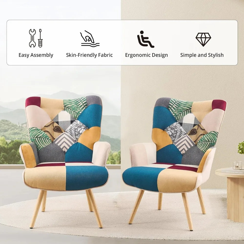 Living Room Accent Chair Modern High Back Arm Chair, Colorful Plaid Bohemian Style Chairs for Bedroom Waiting Room