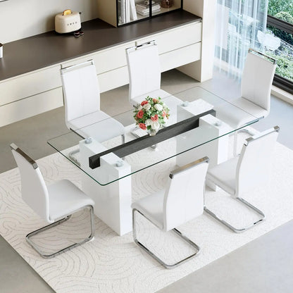Glass Dining Table Set for 6, Modern Kitchen Table and Chairs for 6,71 in Glass Dining Table with 6 PU Leather, Customized