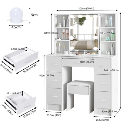 Dressing Table Vanity Makeup Desk With LED Mirror And Stool 7 Drawers &amp; 10 BulS