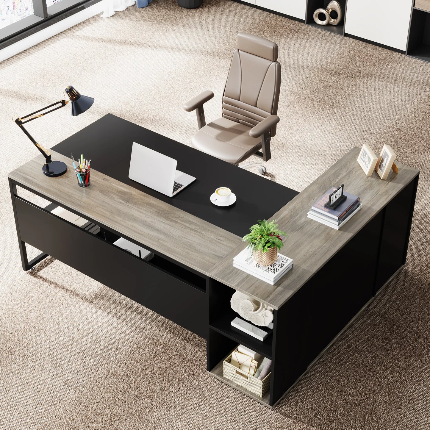 Tribesigns L Shaped Executive Desk With Cabinet Storage And Shelves