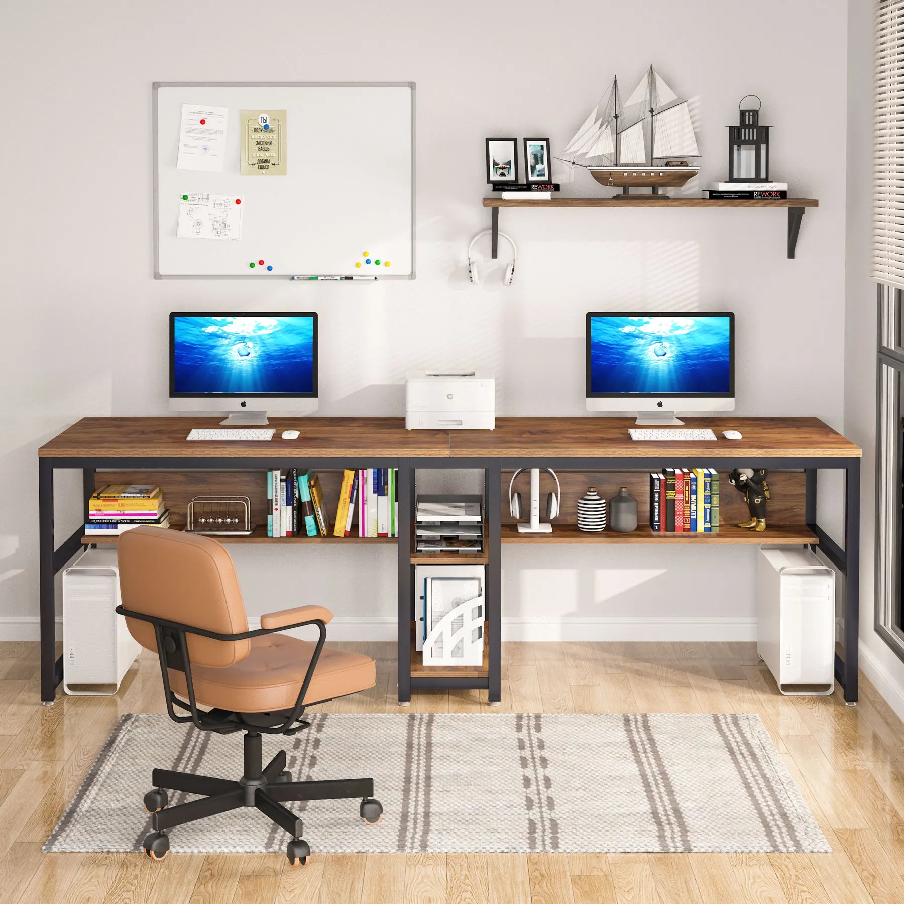 Tribesigns Two Person Desk With Bookshelf For Home Office