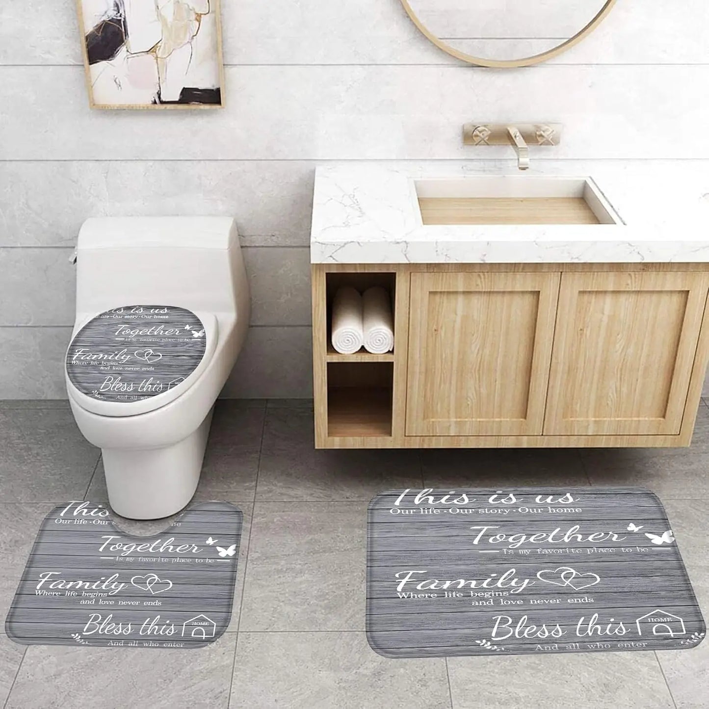 4-Piece Grey Bathroom Set with Waterproof Shower Curtain, Non-Slip Rugs, Toilet Cover & Mat for Home Decor