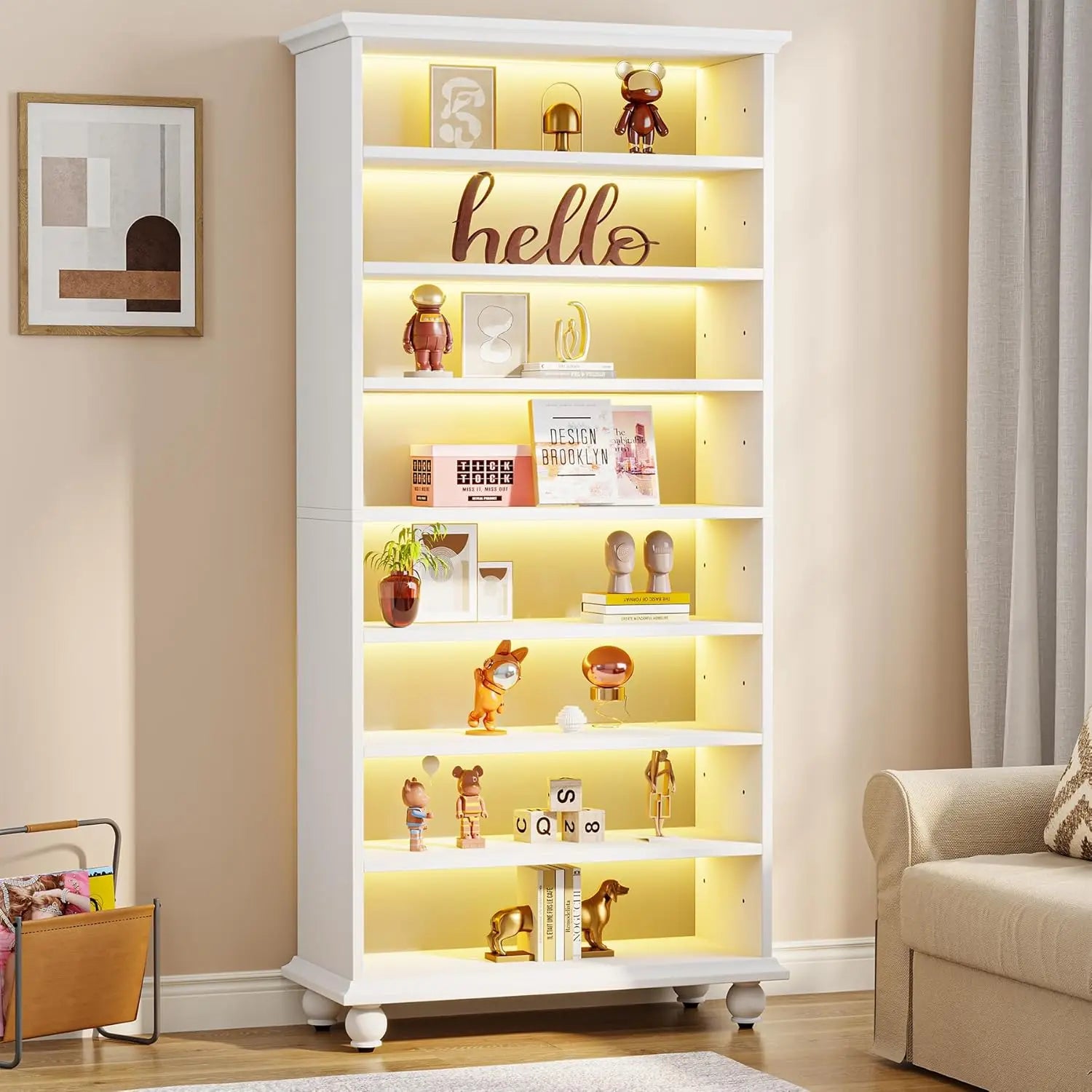 Bookcase with LED Lighting,Freestanding Bookshelf with Solid Wood Legs,Open Display Shelf Organizer for Living Room, Home Office