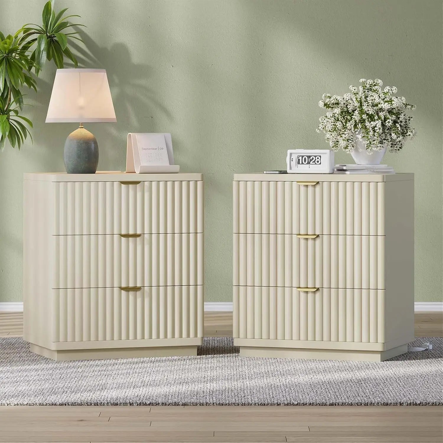 3 Drawer Charging Bedside Table Large Fluted Modern Bedroom End Table Set Of 2, Customized