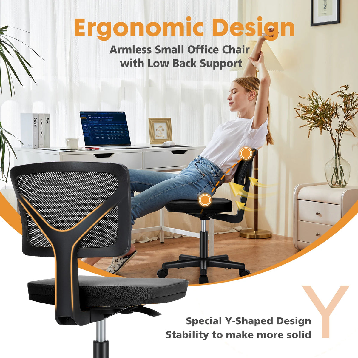 JHK Mesh Armless Office Chair With Lumbar Support And Wheels