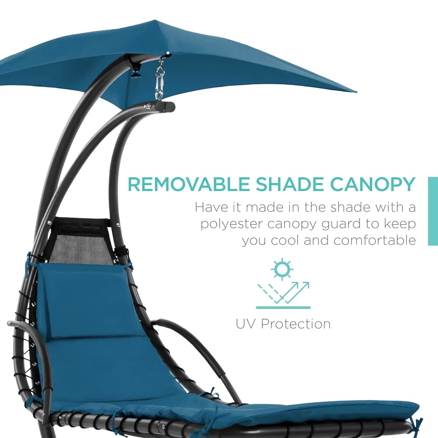 Outdoor Hanging Curved Steel Chaise Lounge Chair Swing w/Built-in Pillow and Removable Canopy - Peacock Blue, Customized
