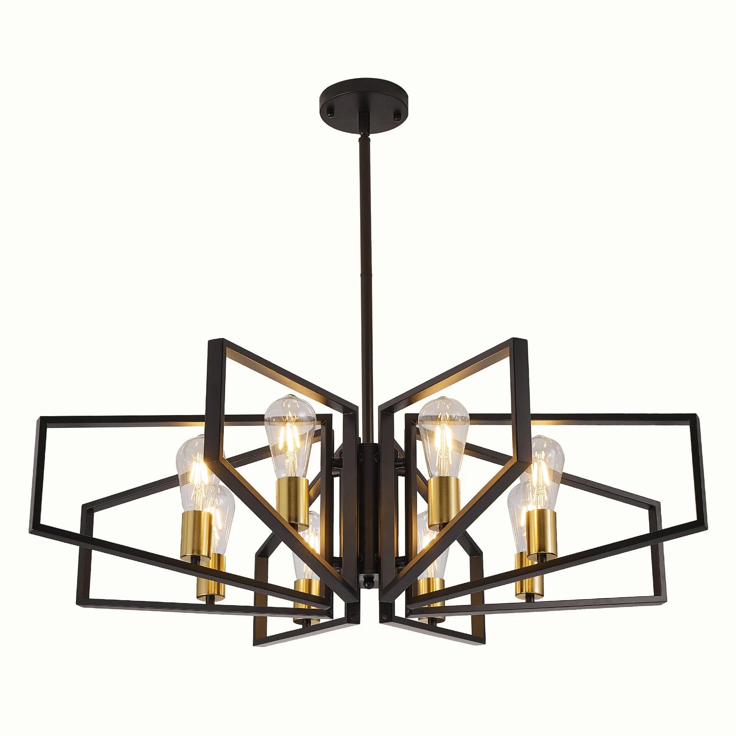 Modern 8-Light Geometric Chandelier Adjustable Height Metal Pendant Light with Black Frame &amp; Golden Accents Ceiling Light Decor