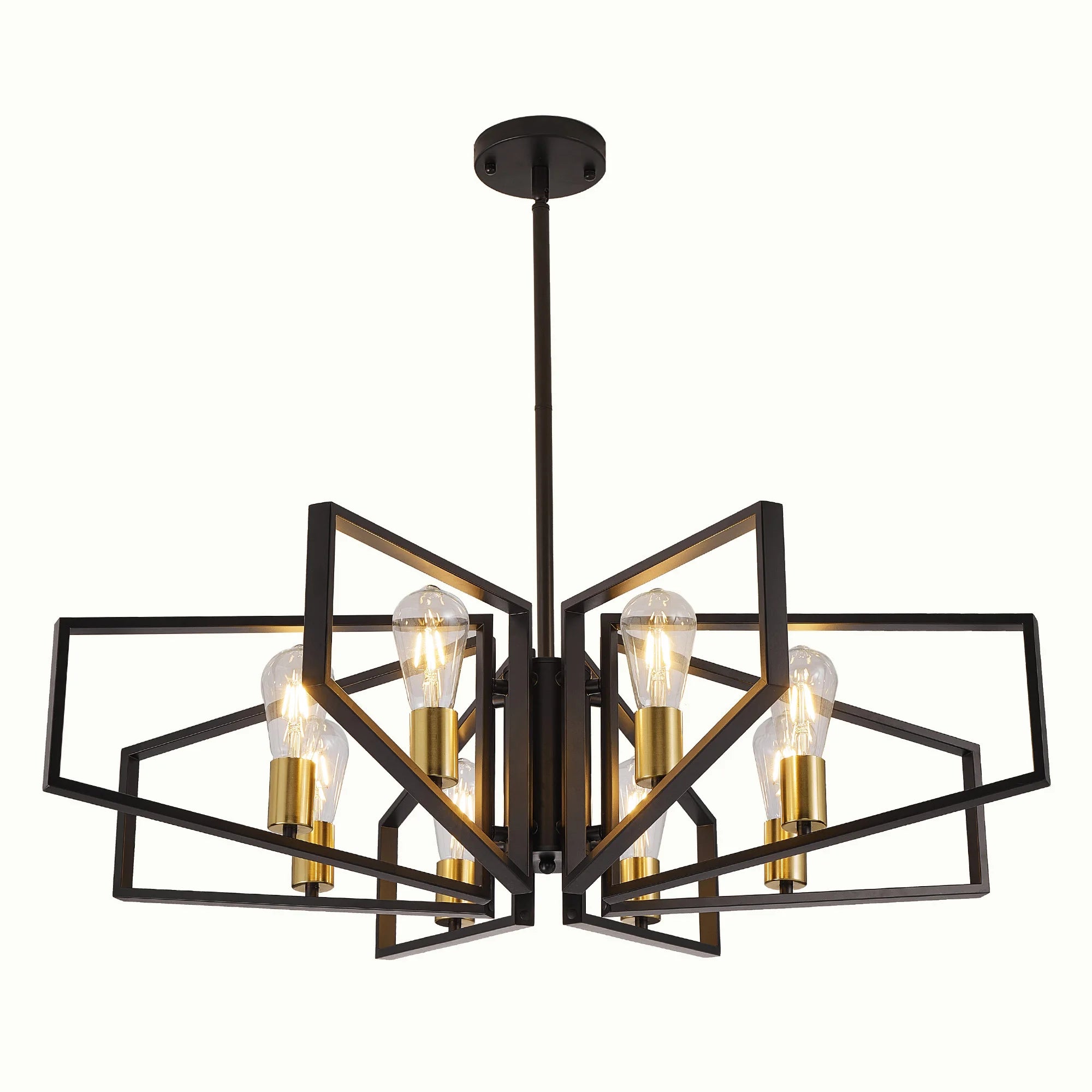 Modern 8-Light Geometric Chandelier Adjustable Height Metal Pendant Light with Black Frame &amp; Golden Accents Ceiling Light Decor