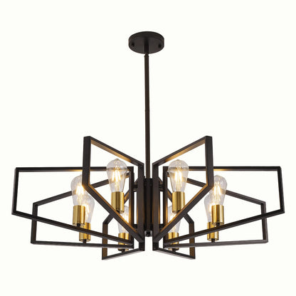 Modern 8-Light Geometric Chandelier Adjustable Height Metal Pendant Light with Black Frame &amp; Golden Accents Ceiling Light Decor