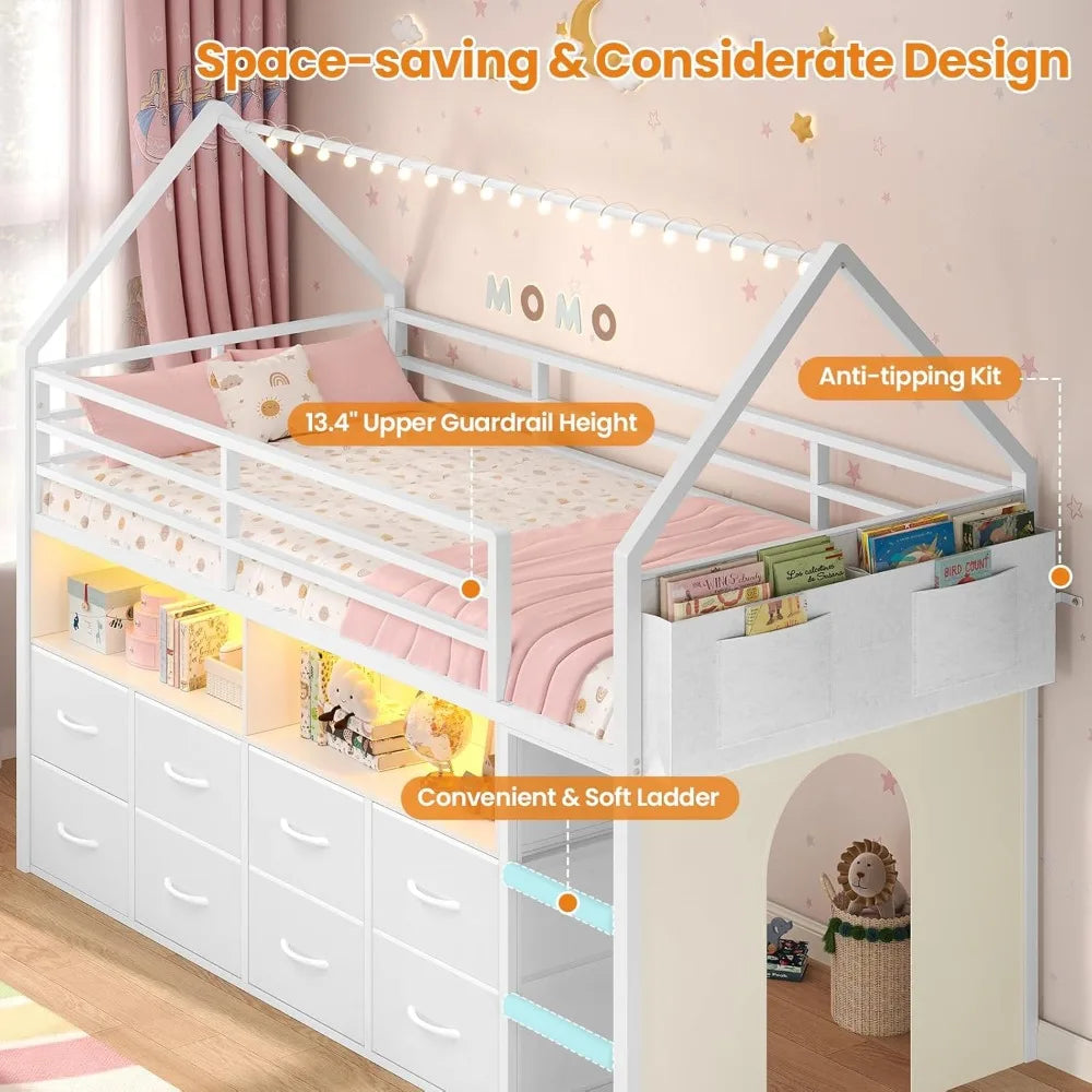 LZJV Loft Bed With Storage Drawers And LED Lights System