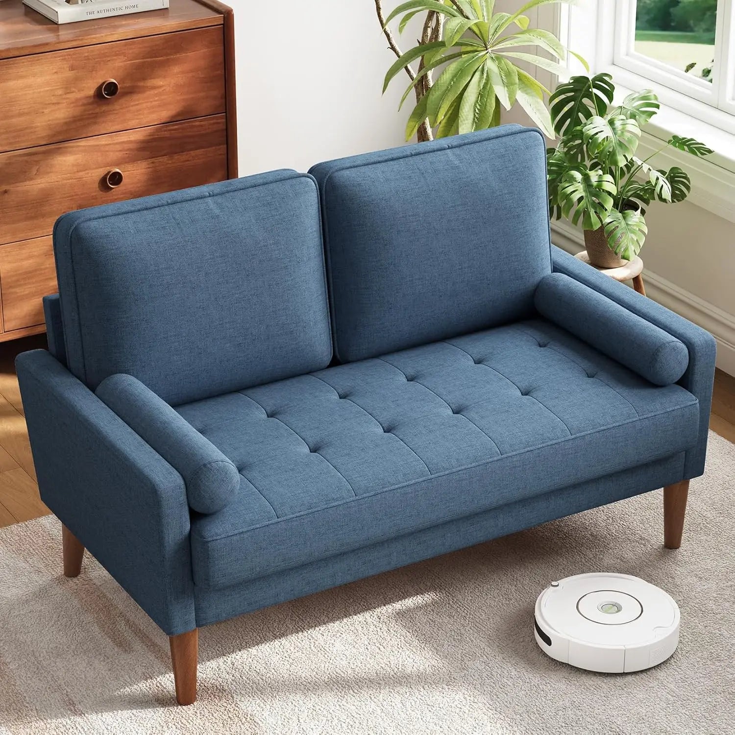 48 Inch Vesgantti Loveseat Sofa - Solid Wood Legs Mid Century Modern Easy Assembly Couch Throw Pillow Ashbeige for Apartment