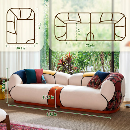 102" Oversized Modern Curved Sofa, Minimalist 4-Seat Chenille Couch for Living Room Apartment, Boneless Sectional Floor Lounge