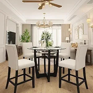 Glass Counter Height Bar Table Stools Set of 4, 42" Round Tempered Glasstop Counter Height Table Stools Set 26" H Barstools Cha