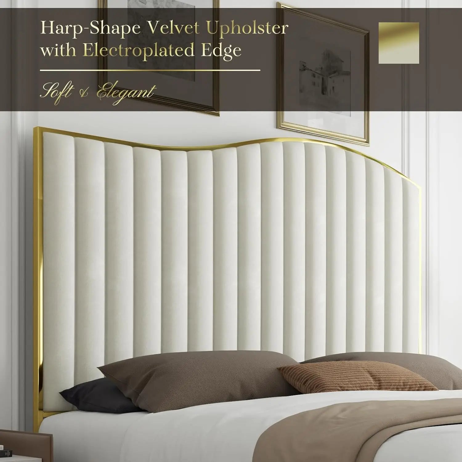 Queen Upholstered Platform Bed Tall 61.4" Headboard Gold Trim Wood Slats No Box Spring Cream, Customized