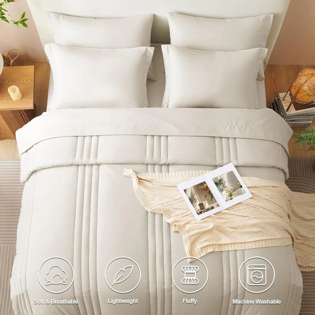 Queen Size Comforter Set - 7 Piece All Seasons Luxury Bedding with Down Alternative, Soft Sheets &amp; Pillowcases