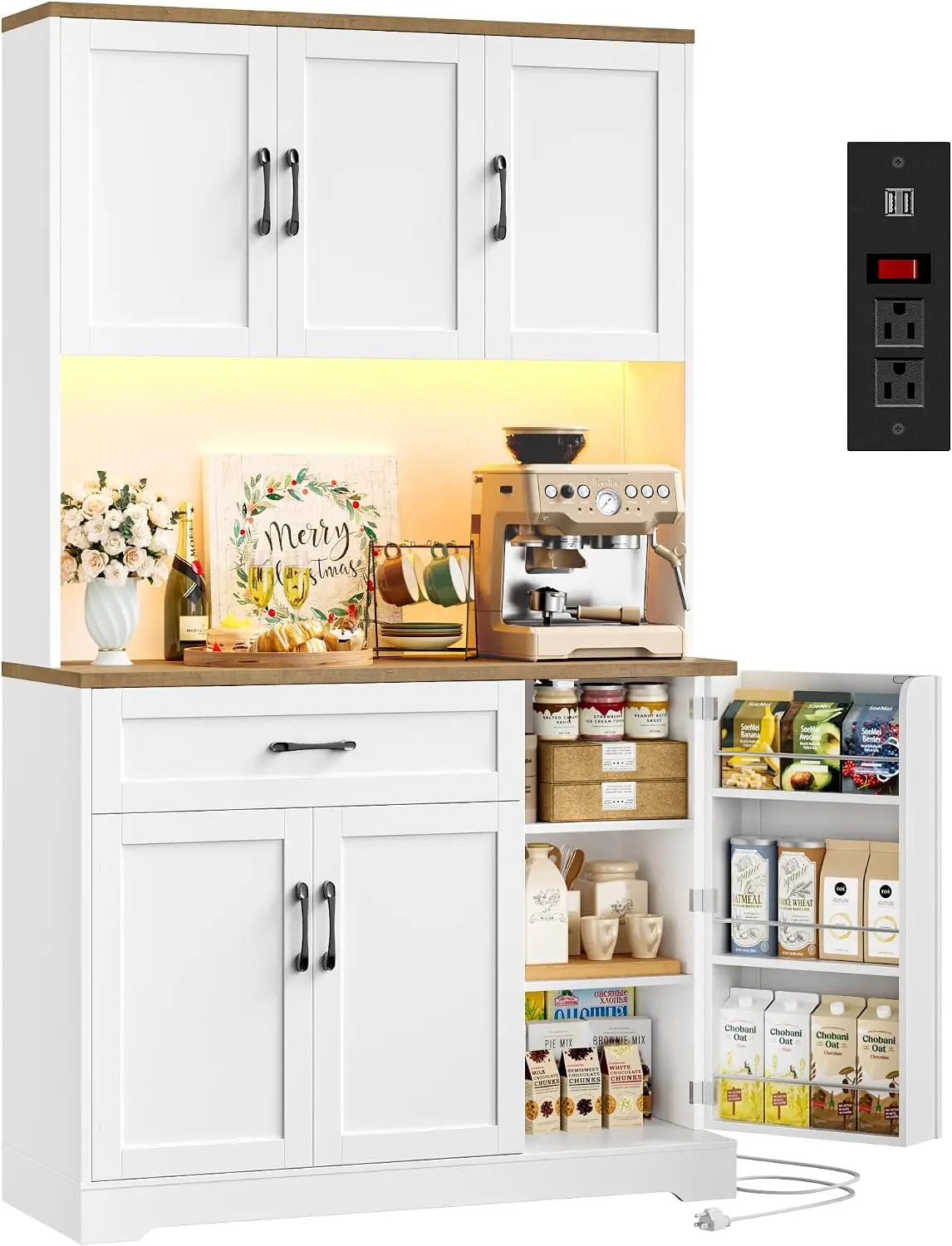 71" LED Pantry Cabinet with Power Outlet, Tall Kitchen Hutch Storage Cabinet with Microwave Stand &amp; 6 Door Shelves,, Customized