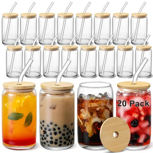 HOT [ 20pcs Set ] Glass Cups with Bamboo Lids and Glass Straw - Beer Shaped 16 oz Iced Coffee Drinking Glasses, Cute Tumbler