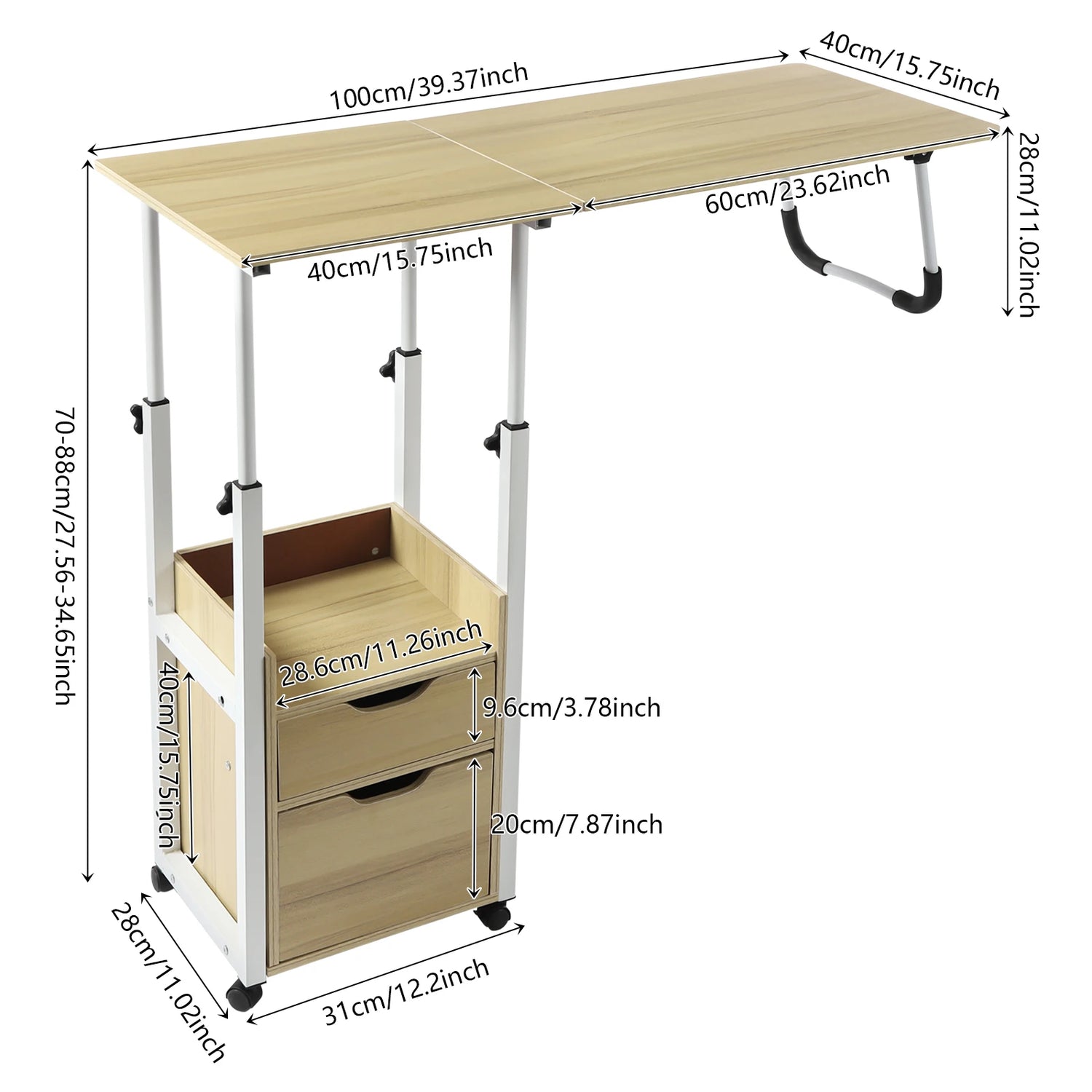 Foldable Laptop Desk with Wheels Height Adjustable Bedside Computer Table Portable Bedroom Office Table