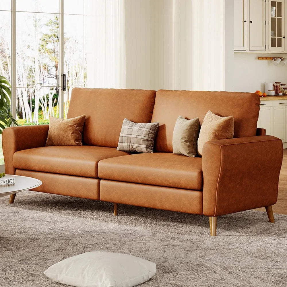 84 Inch Sofa Couch, Large 3-Seater Sofa w/Streamlined Armrests, PU Leather Loveseat Wood Feet, Comfy Couch for Living Room