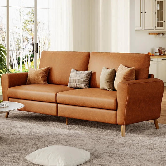 84 Inch Sofa Couch, Large 3-Seater Sofa w/Streamlined Armrests, PU Leather Loveseat Wood Feet, Comfy Couch for Living Room