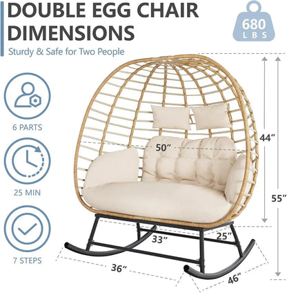 Double Egg Swing Chair Outdoor Indoor 2-Person Wicker Rocking Loveseat with Cushions, Patio Lounge for Balcony Backyard