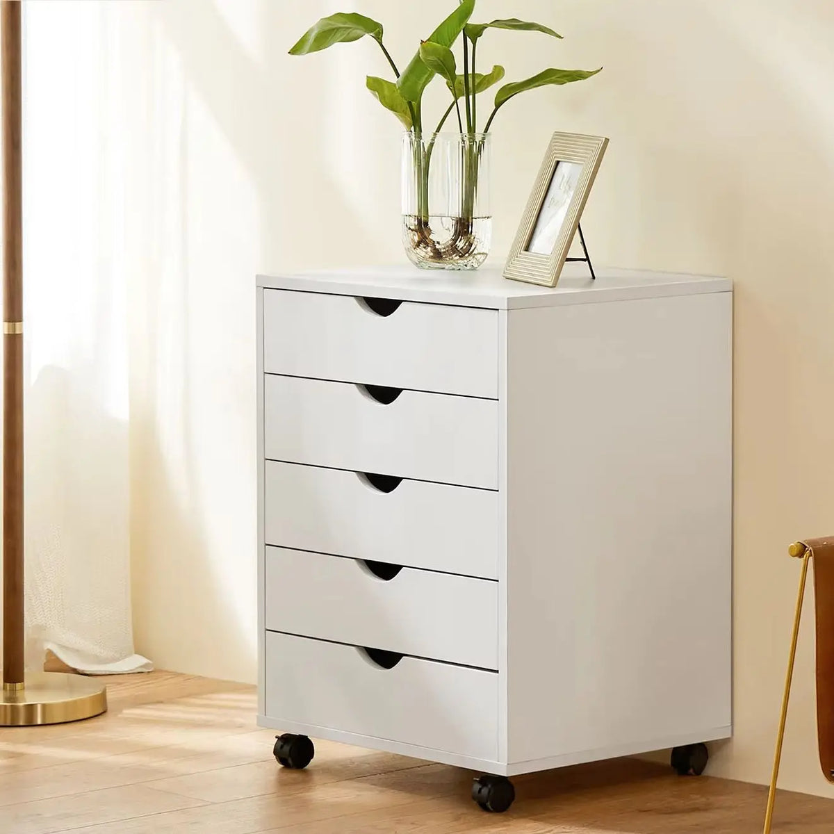 JHK Wood Nightstand Cabinet With Five Drawers And Rolling Wheels