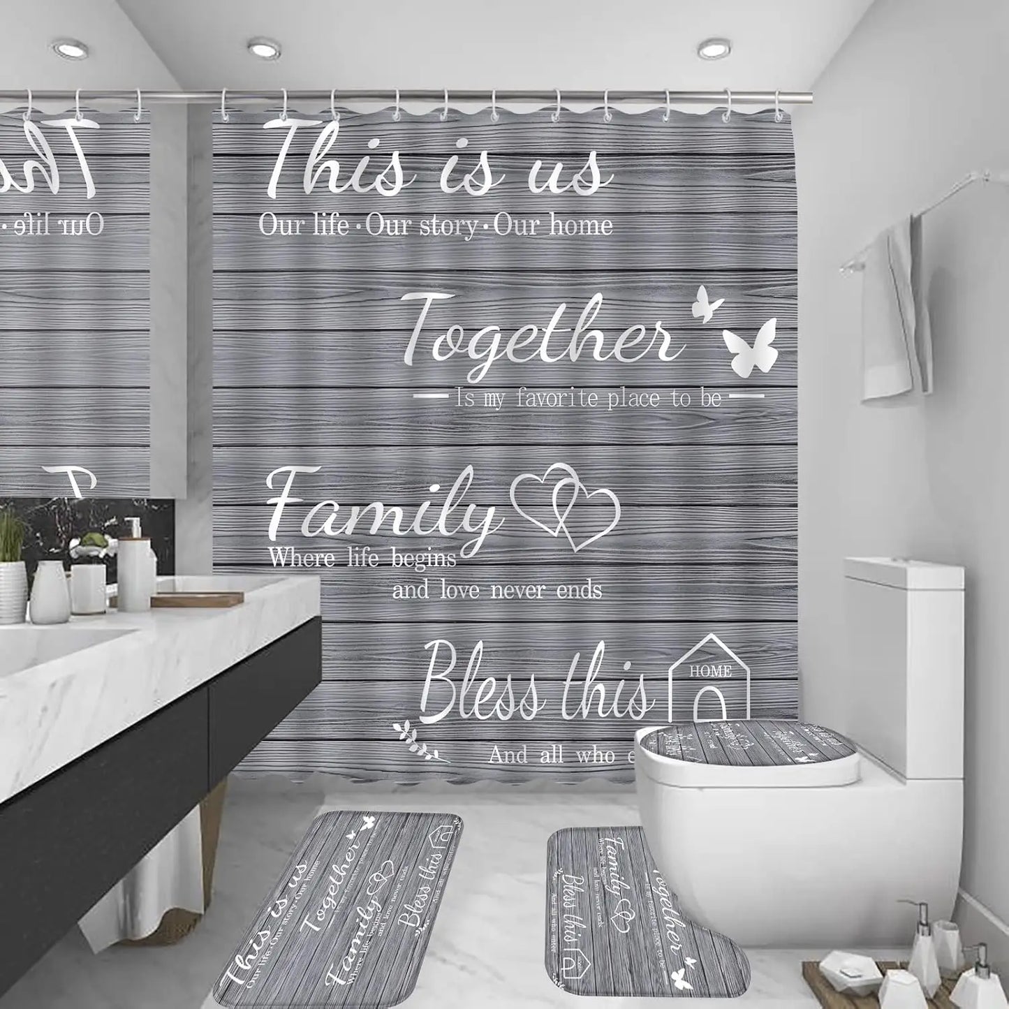 4-Piece Grey Bathroom Set with Waterproof Shower Curtain, Non-Slip Rugs, Toilet Cover & Mat for Home Decor