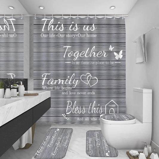 4-Piece Grey Bathroom Set with Waterproof Shower Curtain, Non-Slip Rugs, Toilet Cover & Mat for Home Decor