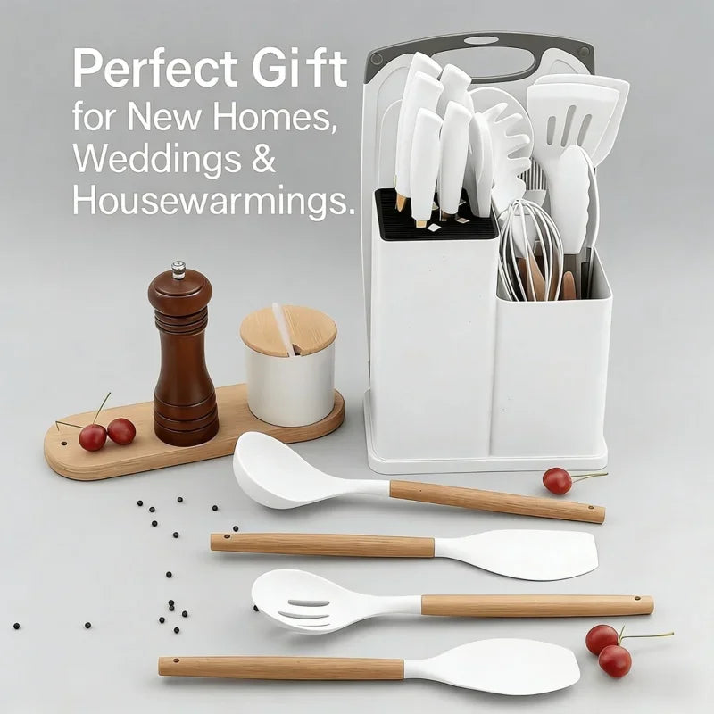19-in-1 Kitchen Knife &amp; Silicone Utensil Combo Set, Heat Resistant Cooking Tools with Detachable Storage Organizer