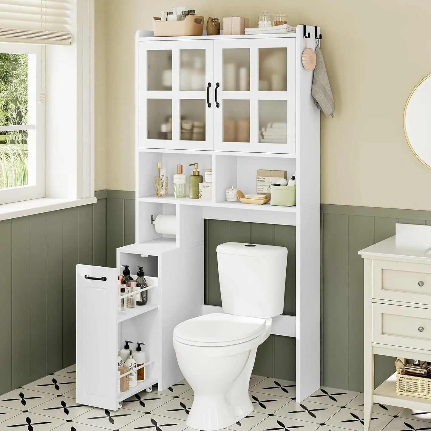 Over Toilet Storage Cabinet with Adjustable Shelves, Glass Doors & Pulley System - Space Saving Bathroom Organizer