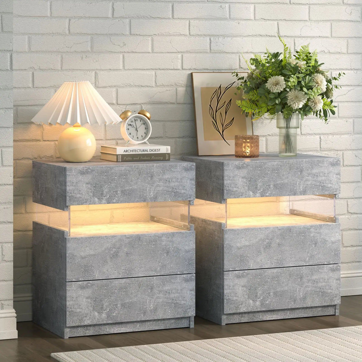 Cubehom LED Bedside Tables with Three Drawers for Bedroom