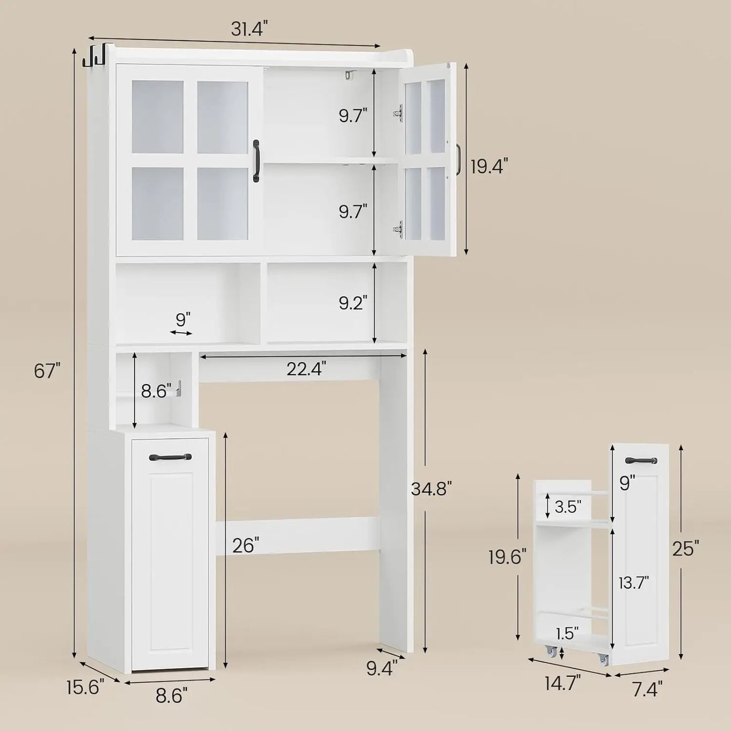 Over Toilet Storage Cabinet with Adjustable Shelves, Glass Doors & Pulley System - Space Saving Bathroom Organizer