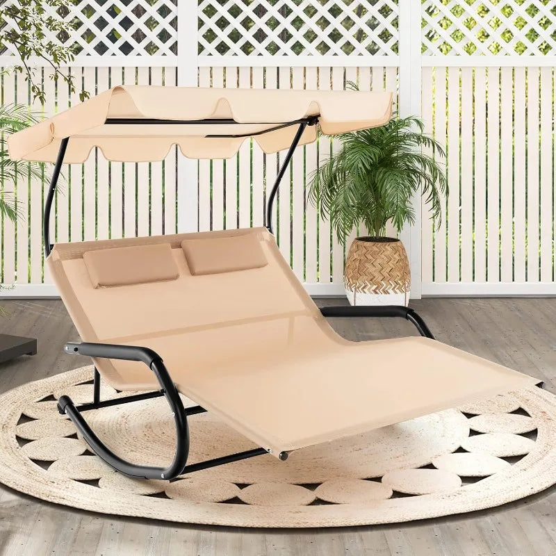 2 Person Lounge Chair with Adjustable Canopy, Outdoor Chaise Lounge with 2 Detachable Pillows and Wheels, Extra Large D