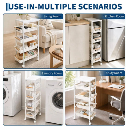 5 Tier Rolling Kitchen Cart With Pull Out Basket And Tabletop 20.5cm Storage Cart On Wheels Space Saving Organizer For Kitchen Living Room Pantry