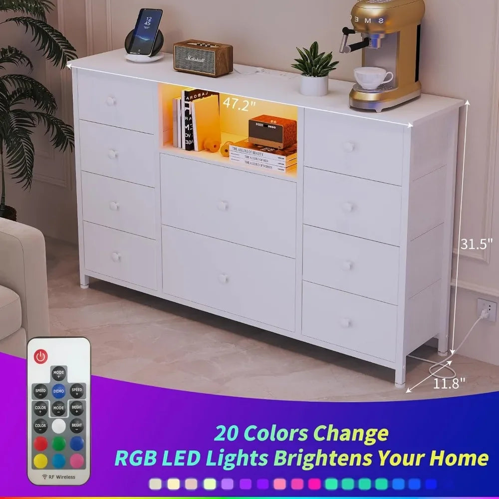 LDTTCUK Dresser with Charging Station and LED Lights, Long Dresser for Bedroom Dresser TV Stand with 10 Drawers, Fabric Chest of