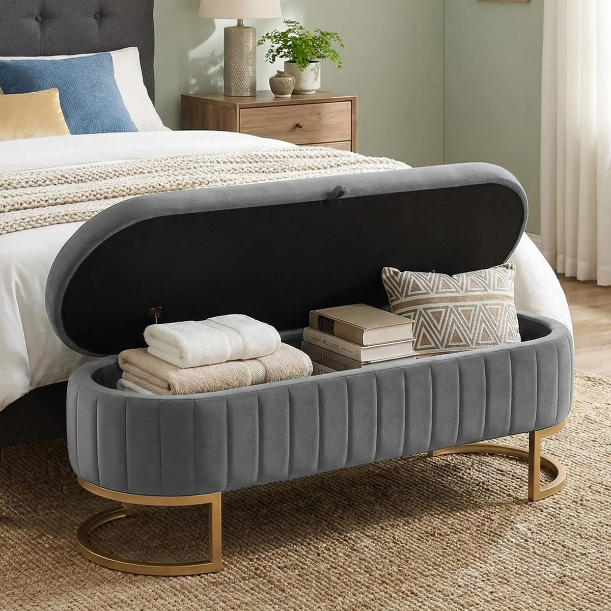 51in Velvet Tufted Storage Ottoman Bench with Flip-Top Lid and Gold Metal Legs