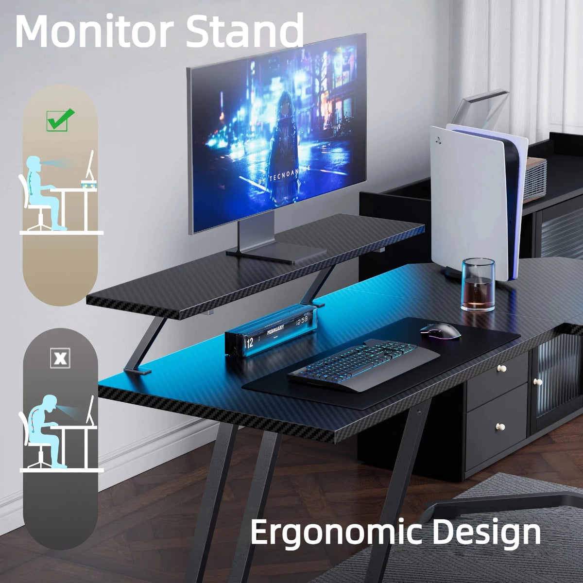 FRODROVIA L-Shaped Gaming Desk With LED Lights And Monitor Stand