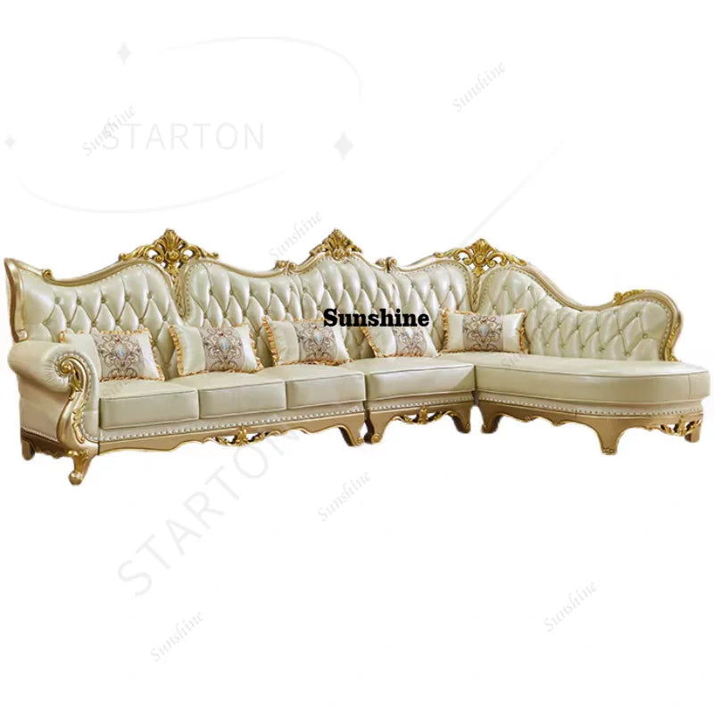 Luxury European Royal Wedding Living Room Sofa Set Solid Wood Genuine Leather L-Shaped Sofas Couch for Living Room